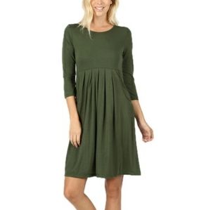 3/4 Sleeve Pleated Dress With Pockets